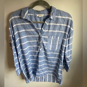 Beachlunchlounge‎ Striped Cotton 3/4 Sleeve Henley Collared Shirt Lightweight M
